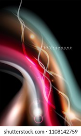 Color shiny light effects on black, liquid style multicolored wavy shape. Artistic illustration for presentation, app wallpaper, banner or poster, geometric design