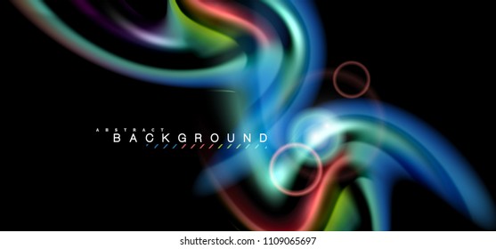 Color shiny light effects on black, liquid style multicolored wavy shape. Artistic illustration for presentation, app wallpaper, banner or poster, geometric design