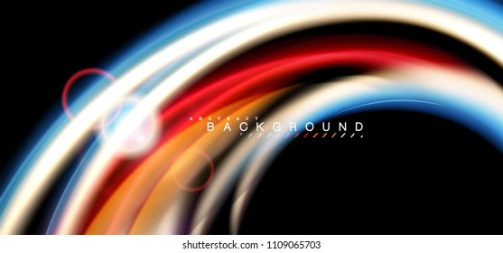 Color shiny light effects on black, liquid style multicolored wavy shape. Artistic illustration for presentation, app wallpaper, banner or poster, geometric design