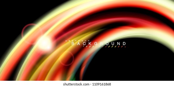 Color shiny light effects on black, liquid style multicolored wavy shape. Artistic illustration for presentation, app wallpaper, banner or poster, geometric design