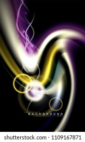 Los efectos de la luz brillante de color sobre la forma ondulada de color negro y líquido. Ilustración artística para presentación, fondo de pantalla de aplicación, pancarta o afiche, diseño geométrico