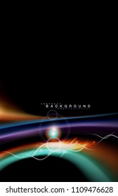 Color shiny light effects on black, liquid style multicolored wavy shape. Artistic illustration for presentation, app wallpaper, banner or poster, geometric design