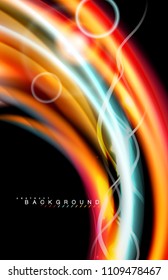Color shiny light effects on black, liquid style multicolored wavy shape. Artistic illustration for presentation, app wallpaper, banner or poster, geometric design