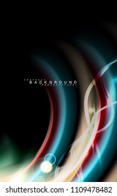 Color shiny light effects on black, liquid style multicolored wavy shape. Artistic illustration for presentation, app wallpaper, banner or poster, geometric design
