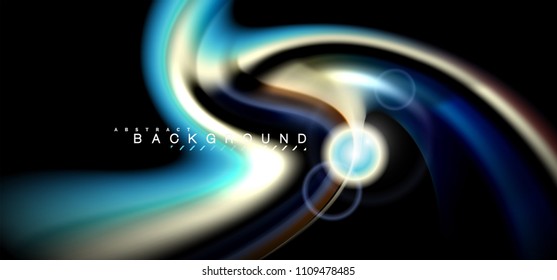 Color shiny light effects on black, liquid style multicolored wavy shape. Artistic illustration for presentation, app wallpaper, banner or poster, geometric design