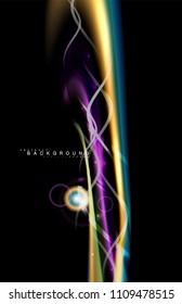 Color shiny light effects on black, liquid style multicolored wavy shape. Artistic illustration for presentation, app wallpaper, banner or poster, geometric design