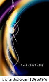 Color shiny light effects on black, liquid style multicolored wavy shape. Artistic illustration for presentation, app wallpaper, banner or poster, geometric design