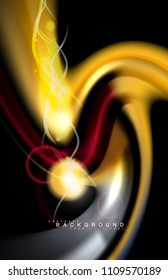 Color shiny light effects on black, liquid style multicolored wavy shape. Artistic illustration for presentation, app wallpaper, banner or poster, geometric design