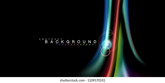 Los efectos de la luz brillante de color sobre la forma ondulada de color negro y líquido. Ilustración artística para presentación, fondo de pantalla de aplicación, pancarta o afiche, diseño geométrico