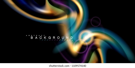 Color shiny light effects on black, liquid style multicolored wavy shape. Artistic illustration for presentation, app wallpaper, banner or poster, geometric design
