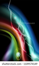 Color shiny light effects on black, liquid style multicolored wavy shape. Artistic illustration for presentation, app wallpaper, banner or poster, geometric design