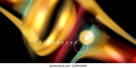 Farbglänzende Lichteffekte auf schwarz, flüssig-farbige, gewellte Form. Künstliche Illustration für Präsentationen, App-Bildschirmhintergrund, Banner oder Poster, geometrisches Design