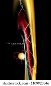 Los efectos de la luz brillante de color sobre la forma ondulada de color negro y líquido. Ilustración artística para presentación, fondo de pantalla de aplicación, pancarta o afiche, diseño geométrico