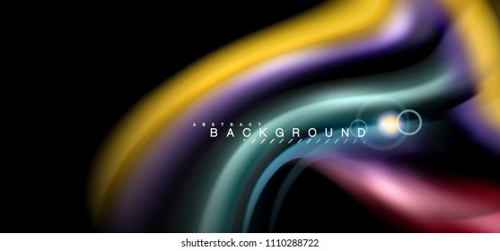 Los efectos de la luz brillante de color sobre la forma ondulada de color negro y líquido. Ilustración artística para presentación, fondo de pantalla de aplicación, pancarta o afiche, diseño geométrico