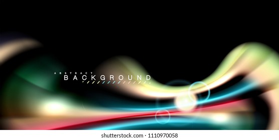 Color shiny light effects on black, liquid style multicolored wavy shape. Artistic illustration for presentation, app wallpaper, banner or poster, geometric design