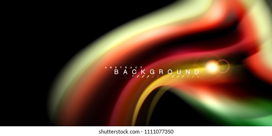 Los efectos de la luz brillante de color sobre la forma ondulada de color negro y líquido. Ilustración artística para presentación, fondo de pantalla de aplicación, pancarta o afiche, diseño geométrico
