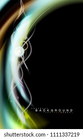 Los efectos de la luz brillante de color sobre la forma ondulada de color negro y líquido. Ilustración artística para presentación, fondo de pantalla de aplicación, pancarta o afiche, diseño geométrico