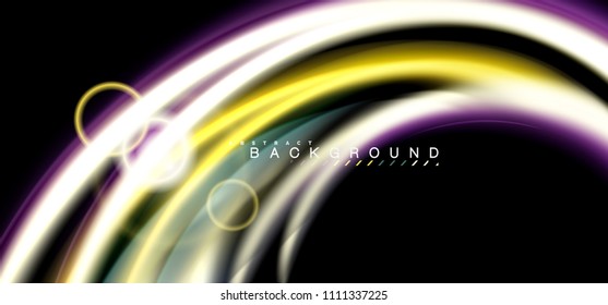 Color shiny light effects on black, liquid style multicolored wavy shape. Artistic illustration for presentation, app wallpaper, banner or poster, geometric design