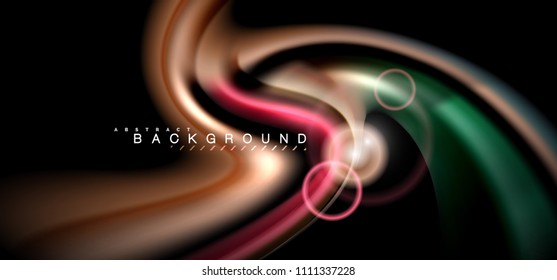 Color shiny light effects on black, liquid style multicolored wavy shape. Artistic illustration for presentation, app wallpaper, banner or poster, geometric design