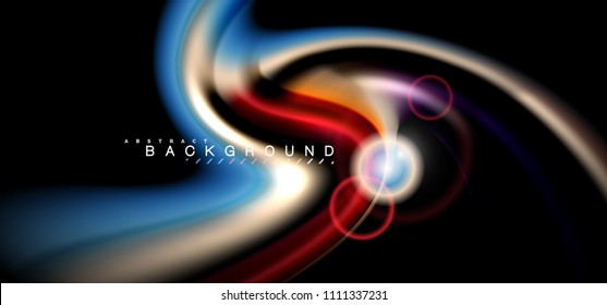 Color shiny light effects on black, liquid style multicolored wavy shape. Artistic illustration for presentation, app wallpaper, banner or poster, geometric design