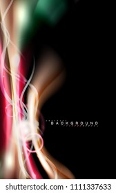 Los efectos de la luz brillante de color sobre la forma ondulada de color negro y líquido. Ilustración artística para presentación, fondo de pantalla de aplicación, pancarta o afiche, diseño geométrico