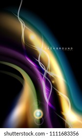Los efectos de la luz brillante de color sobre la forma ondulada de color negro y líquido. Ilustración artística para presentación, fondo de pantalla de aplicación, pancarta o afiche, diseño geométrico