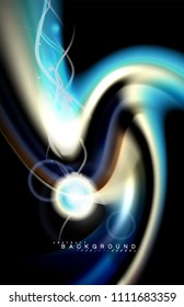 Los efectos de la luz brillante de color sobre la forma ondulada de color negro y líquido. Ilustración artística para presentación, fondo de pantalla de aplicación, pancarta o afiche, diseño geométrico
