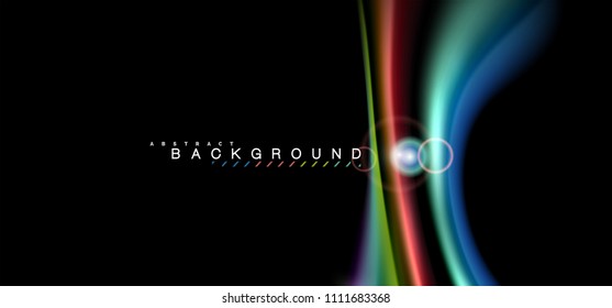 Los efectos de la luz brillante de color sobre la forma ondulada de color negro y líquido. Ilustración artística para presentación, fondo de pantalla de aplicación, pancarta o afiche, diseño geométrico