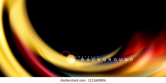 Color shiny light effects on black, liquid style multicolored wavy shape. Artistic illustration for presentation, app wallpaper, banner or poster, geometric design