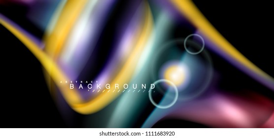 Los efectos de la luz brillante de color sobre la forma ondulada de color negro y líquido. Ilustración artística para presentación, fondo de pantalla de aplicación, pancarta o afiche, diseño geométrico