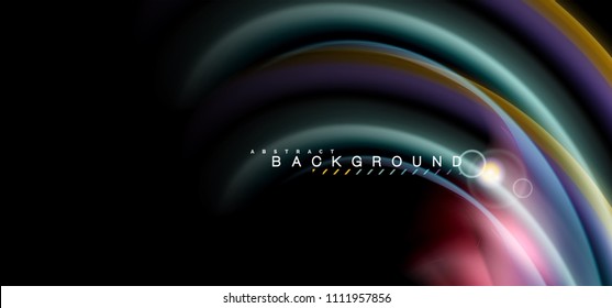 Color shiny light effects on black, liquid style multicolored wavy shape. Artistic illustration for presentation, app wallpaper, banner or poster, geometric design