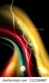 Color shiny light effects on black, liquid style multicolored wavy shape. Artistic illustration for presentation, app wallpaper, banner or poster, geometric design