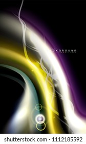 Farbglänzende Lichteffekte auf schwarz, flüssig-farbige, gewellte Form. Künstliche Illustration für Präsentationen, App-Bildschirmhintergrund, Banner oder Poster, geometrisches Design