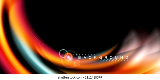 Color shiny light effects on black, liquid style multicolored wavy shape. Artistic illustration for presentation, app wallpaper, banner or poster, geometric design