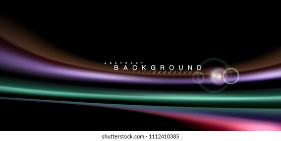 Color shiny light effects on black, liquid style multicolored wavy shape. Artistic illustration for presentation, app wallpaper, banner or poster, geometric design