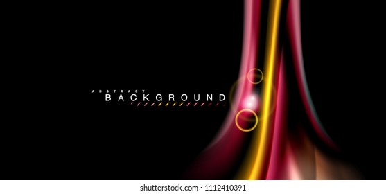 Color shiny light effects on black, liquid style multicolored wavy shape. Artistic illustration for presentation, app wallpaper, banner or poster, geometric design