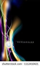 Los efectos de la luz brillante de color sobre la forma ondulada de color negro y líquido. Ilustración artística para presentación, fondo de pantalla de aplicación, pancarta o afiche, diseño geométrico
