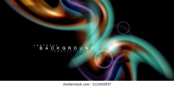 Color shiny light effects on black, liquid style multicolored wavy shape. Artistic illustration for presentation, app wallpaper, banner or poster, geometric design
