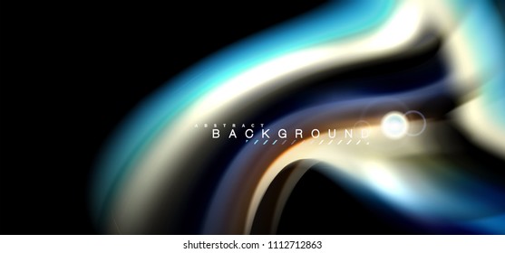 Color shiny light effects on black, liquid style multicolored wavy shape. Artistic illustration for presentation, app wallpaper, banner or poster, geometric design
