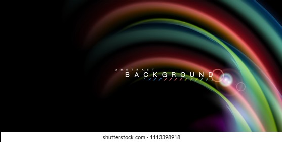 Los efectos de la luz brillante de color sobre la forma ondulada de color negro y líquido. Ilustración artística para presentación, fondo de pantalla de aplicación, pancarta o afiche, diseño geométrico