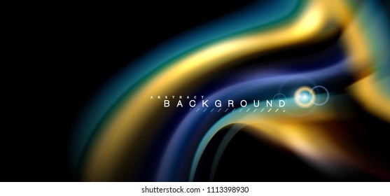 Los efectos de la luz brillante de color sobre la forma ondulada de color negro y líquido. Ilustración artística para presentación, fondo de pantalla de aplicación, pancarta o afiche, diseño geométrico