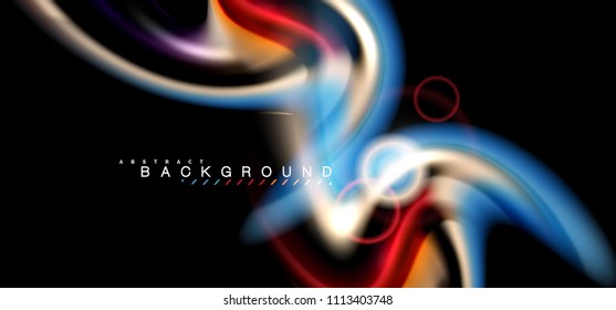 Los efectos de la luz brillante de color sobre la forma ondulada de color negro y líquido. Ilustración artística para presentación, fondo de pantalla de aplicación, pancarta o afiche, diseño geométrico