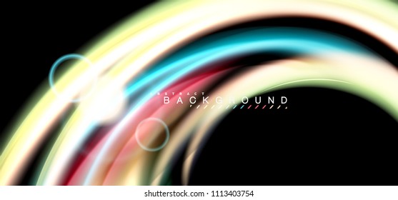 Color shiny light effects on black, liquid style multicolored wavy shape. Artistic illustration for presentation, app wallpaper, banner or poster, geometric design