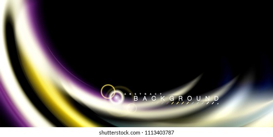 Color shiny light effects on black, liquid style multicolored wavy shape. Artistic illustration for presentation, app wallpaper, banner or poster, geometric design