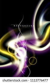 Color shiny light effects on black, liquid style multicolored wavy shape. Artistic illustration for presentation, app wallpaper, banner or poster, geometric design