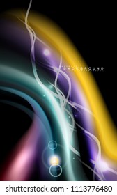 Color shiny light effects on black, liquid style multicolored wavy shape. Artistic illustration for presentation, app wallpaper, banner or poster, geometric design