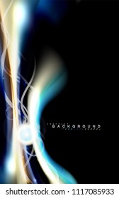 Los efectos de la luz brillante de color sobre la forma ondulada de color negro y líquido. Ilustración artística para presentación, fondo de pantalla de aplicación, pancarta o afiche, diseño geométrico