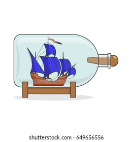Color ship with blue sails in bottle - souvenir with sailboat isolated on white background. Flat line art vector illustration of traveling decoration.