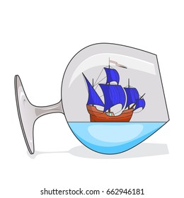 Color ship with blue sails in glass - souvenir with sailboat isolated on white background. Flat line art vector illustration of traveling decoration.