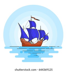 Color ship with blue sails in the sea - traveling banner isolated on white background. Flat vector illustration of sailboat on waves.